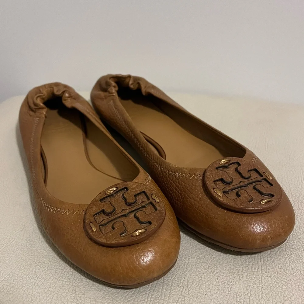Tory Burch Reva Camel Classic Leather Slip-On Ballet Flats Women’s Size 7.5